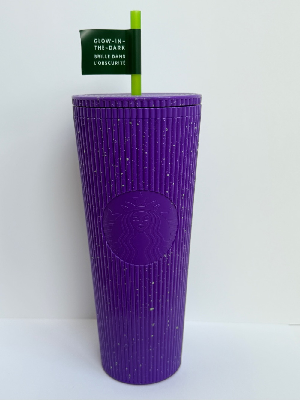 Starbucks Purple Ribbed Tumbler with Neon Green Glow Straw